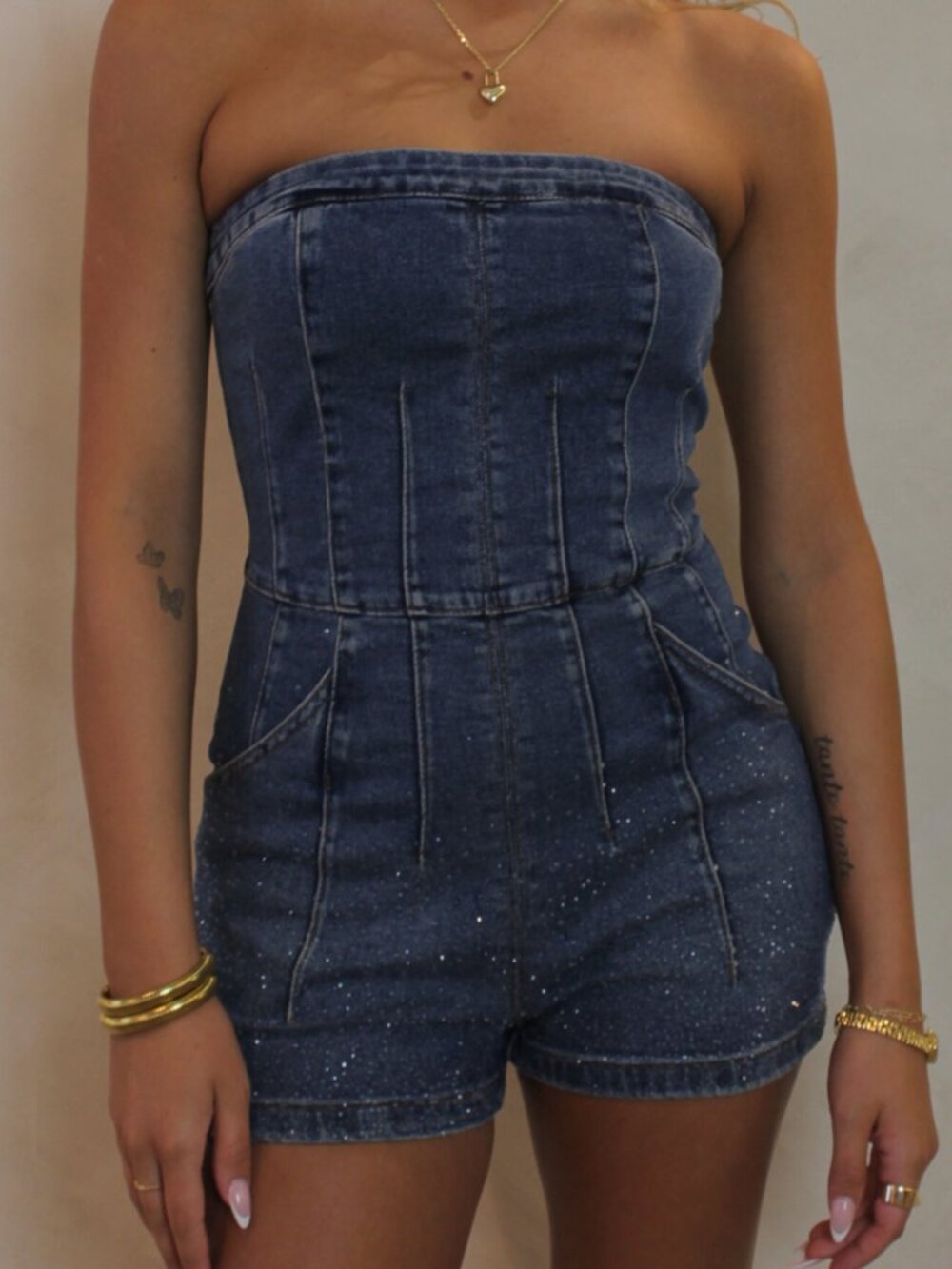 Denim Romper with Rhinestones